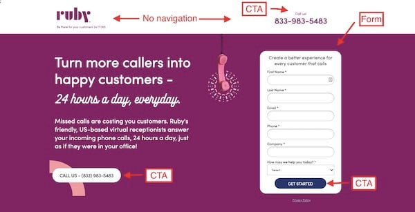 answering service landing page anatomy